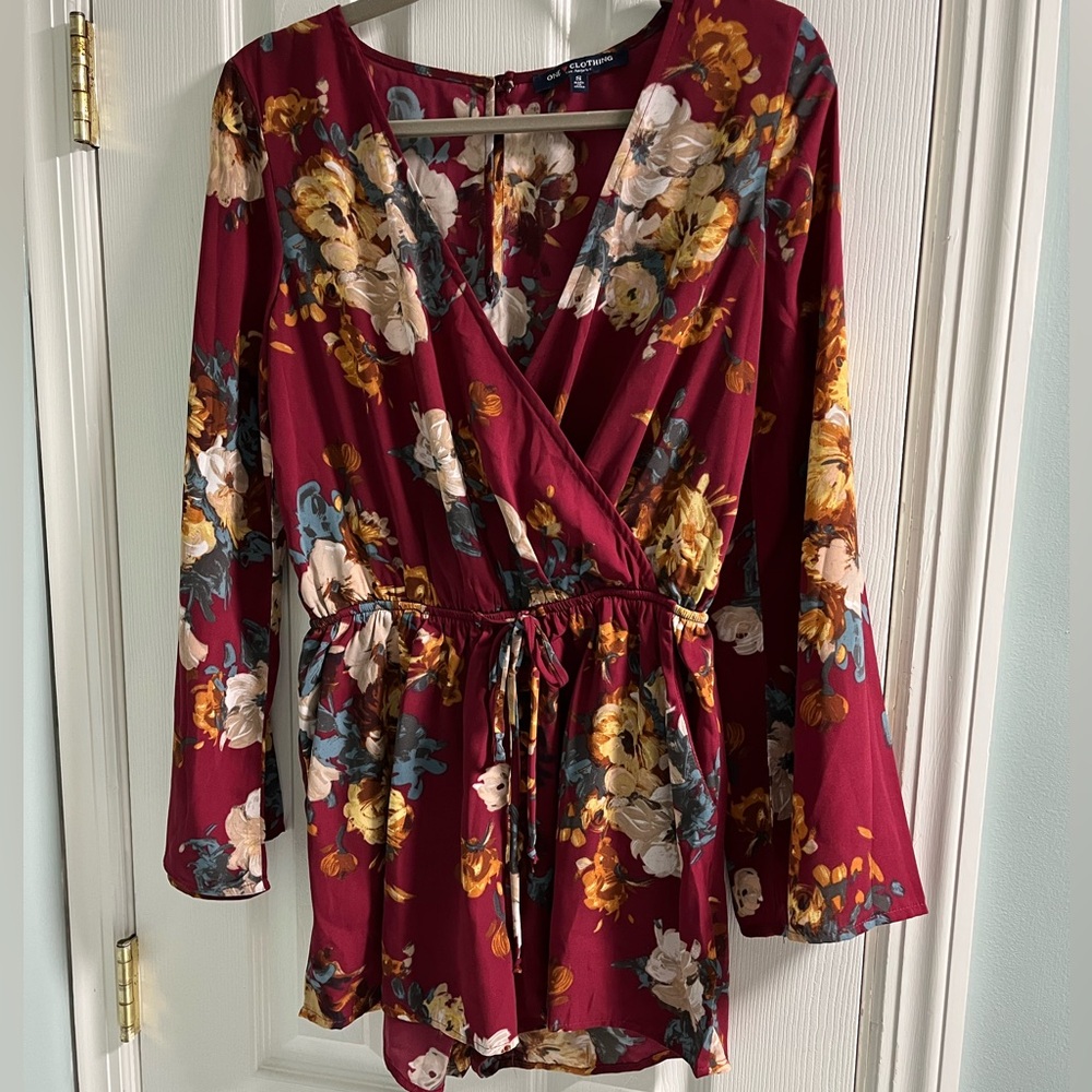 Floral Burgundy Wrap short romper w/ long wide sleeves